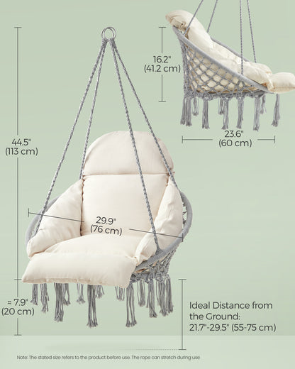 SONGMICS Hanging Chair, Hammock Chair with Large, Thick Cushion, Boho Swing Chair Gray and Cloud White