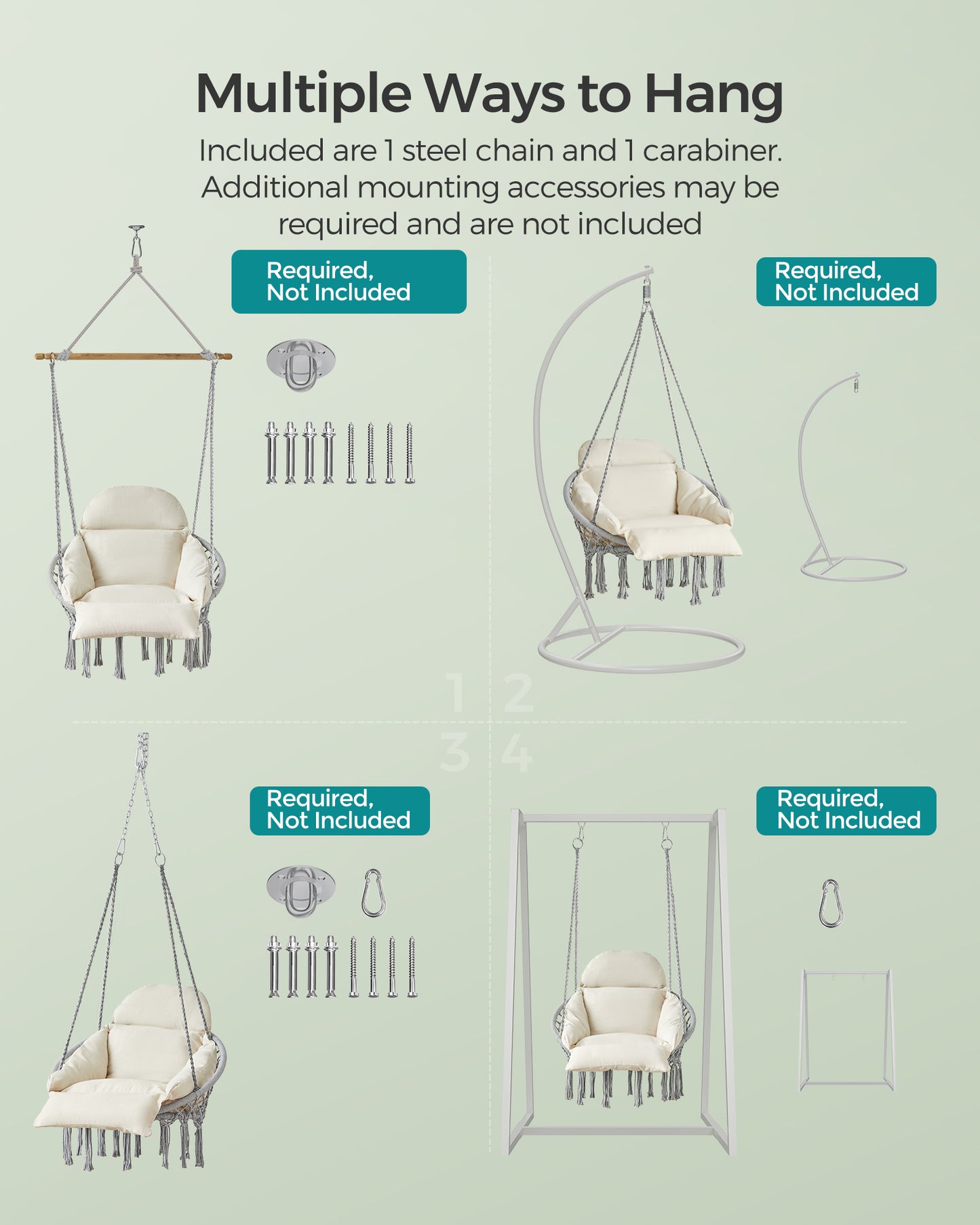 SONGMICS Hanging Chair, Hammock Chair with Large, Thick Cushion, Boho Swing Chair Gray and Cloud White