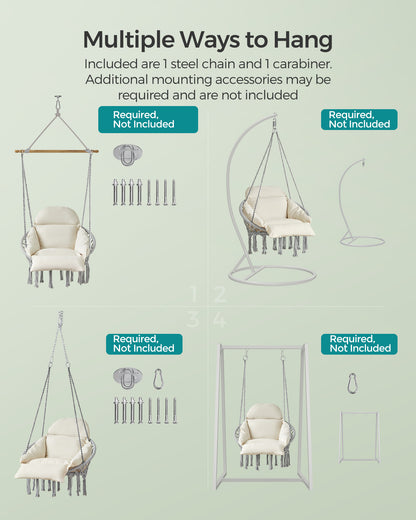 SONGMICS Hanging Chair, Hammock Chair with Large, Thick Cushion, Boho Swing Chair Gray and Cloud White