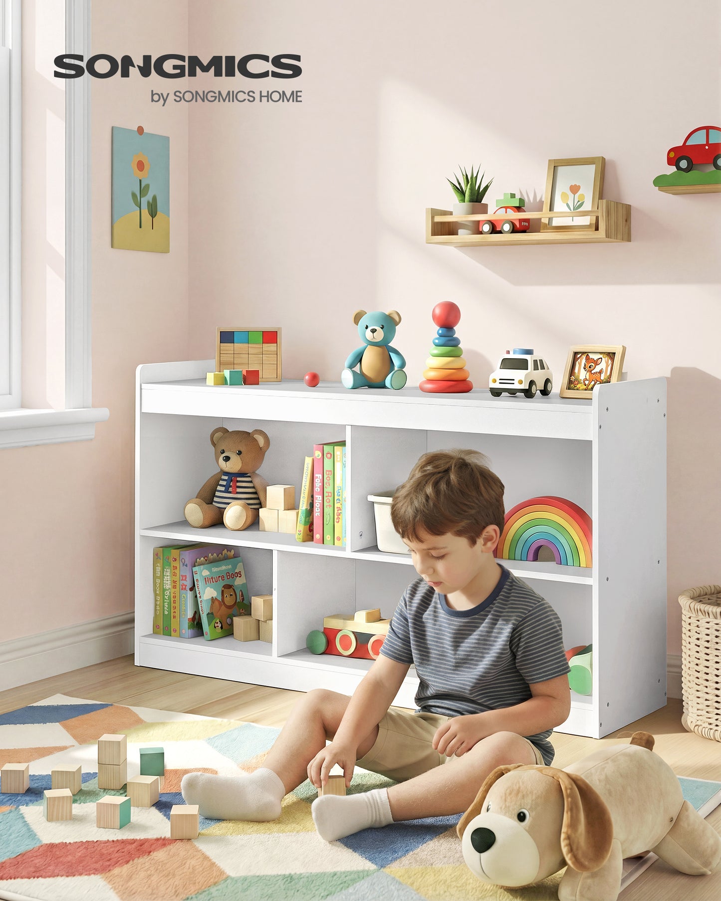 SONGMICS Kids' Toy Storage Shelf, Montessori Shelf with 5 Open Compartments, for Children's Room Playroom, 11.8 x 44.2 x 25.6 Inches, Cloud White