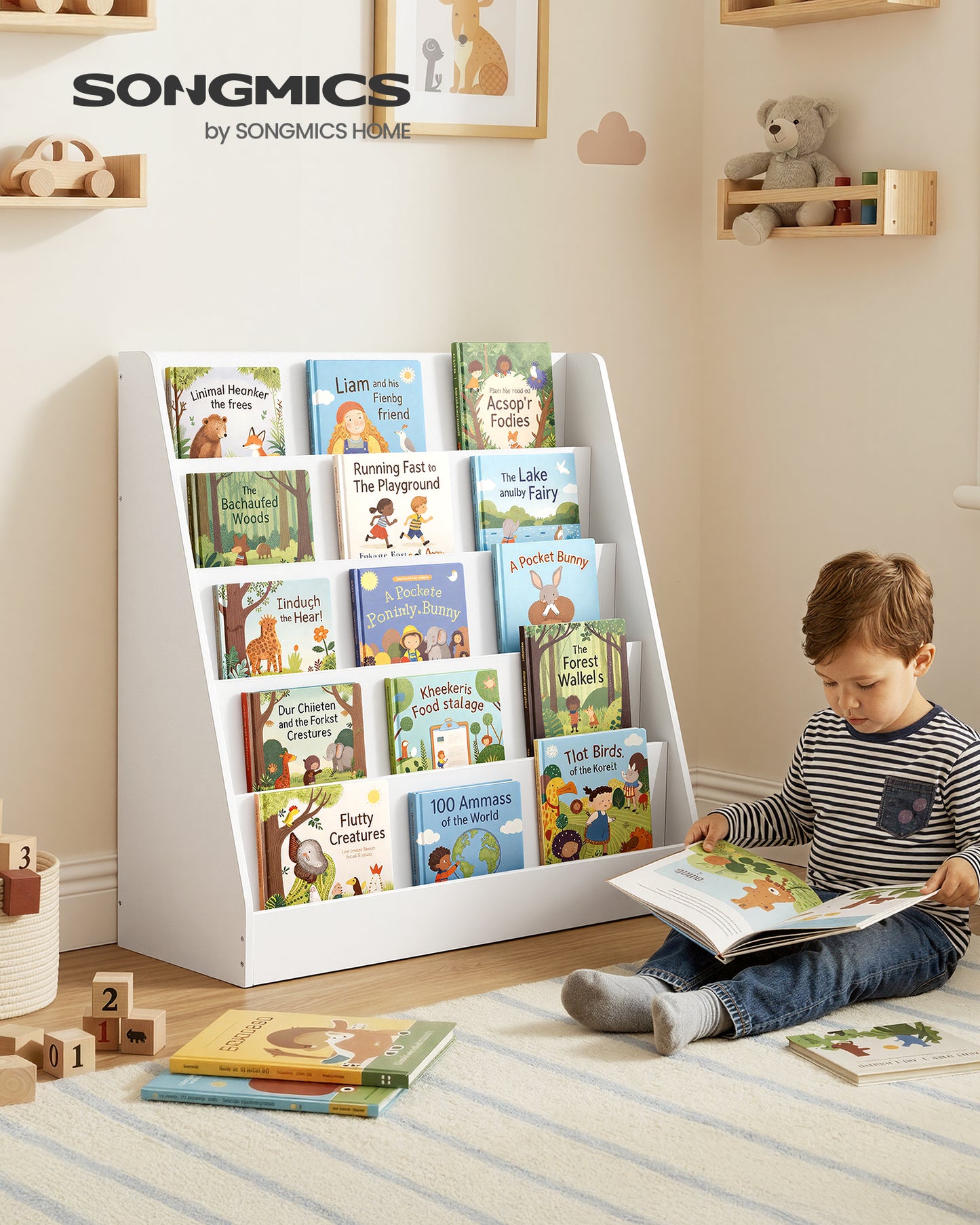 SONGMICS CUSTOS Collection - Kids Bookcase, 5-Tier Montessori Bookshelf, Front-Facing Book Display Rack, for 11.8 x 31.5 x 31.5 ", Cloud White