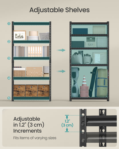 5-Tier Storage Shelves, Garage Storage, Boltless Assembly, Adjustable Shelving Unit, Load 1929 lb, , Black