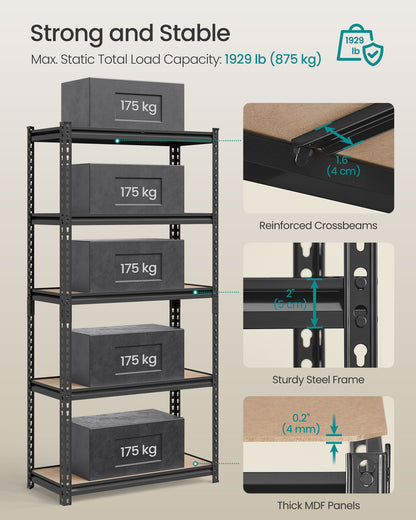 5-Tier Storage Shelves, Garage Storage, Boltless Assembly, Adjustable Shelving Unit, Load 1929 lb, , Black