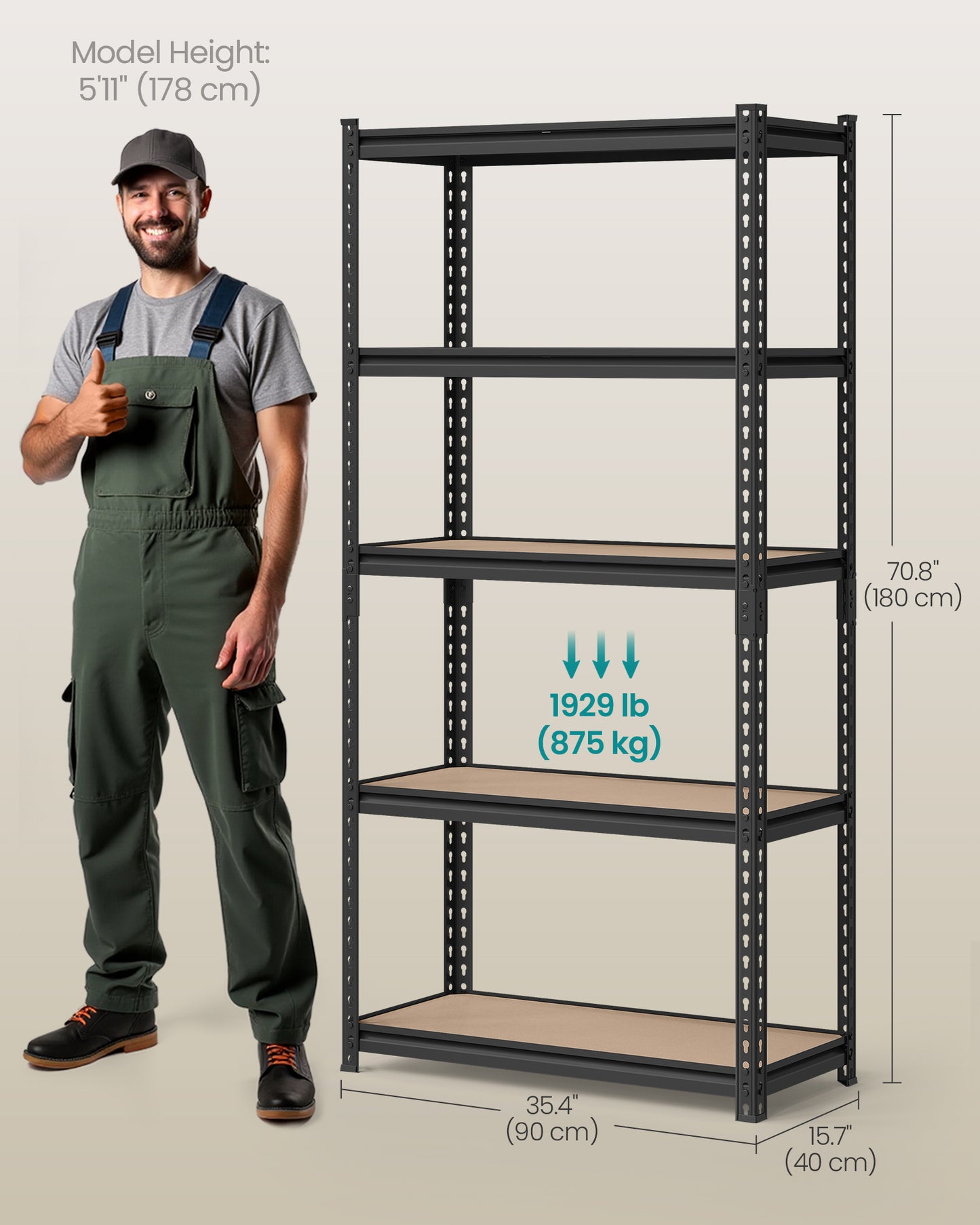 5-Tier Storage Shelves, Garage Storage, Boltless Assembly, Adjustable Shelving Unit, Load 1929 lb, , Black