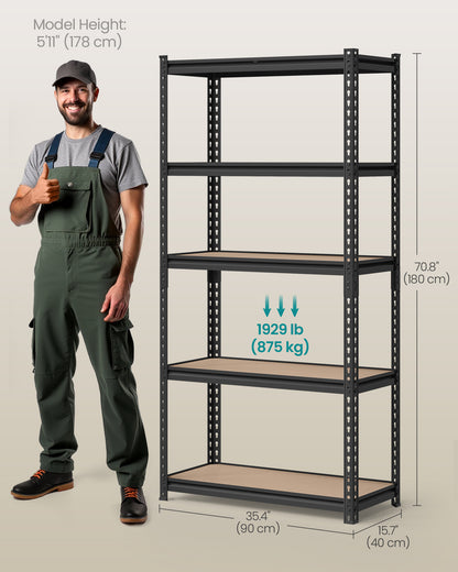 5-Tier Storage Shelves, Garage Storage, Boltless Assembly, Adjustable Shelving Unit, Load 1929 lb, , Black