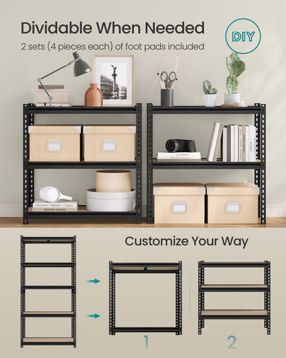5-Tier Storage Shelves, Garage Storage, Boltless Assembly, Adjustable Shelving Unit, Load 1929 lb, , Black
