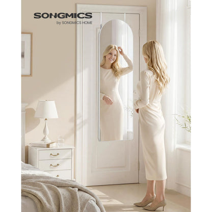 SONGMICS Wide Jewelry Organizer, LED Jewelry Cabinet, Arched Mirror with Storage, Lockable, Rounded Corner, Interior Mirror, Cloud White