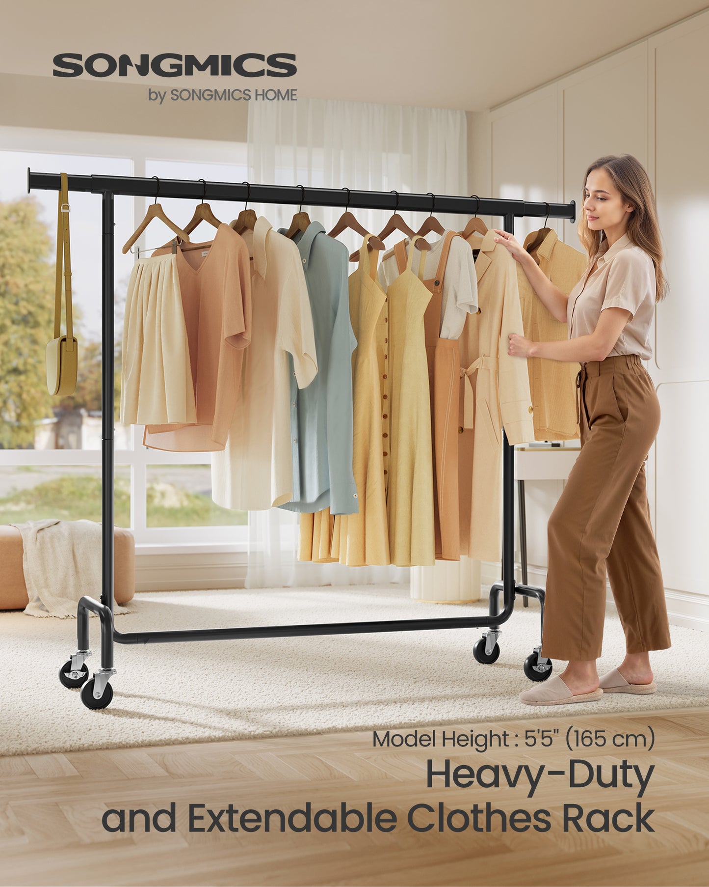 Extendable Hanging Rod Clothes Rack with Wheels Heavy-Duty Garment Rack Freestanding Clothes Rack for Hanging Clothes Black