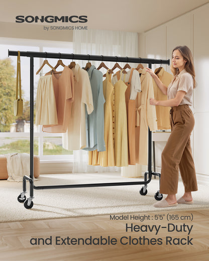 Extendable Hanging Rod Clothes Rack with Wheels Heavy-Duty Garment Rack Freestanding Clothes Rack for Hanging Clothes Black