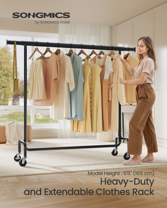 Extendable Hanging Rod Clothes Rack with Wheels Heavy-Duty Garment Rack Freestanding Clothes Rack for Hanging Clothes Black