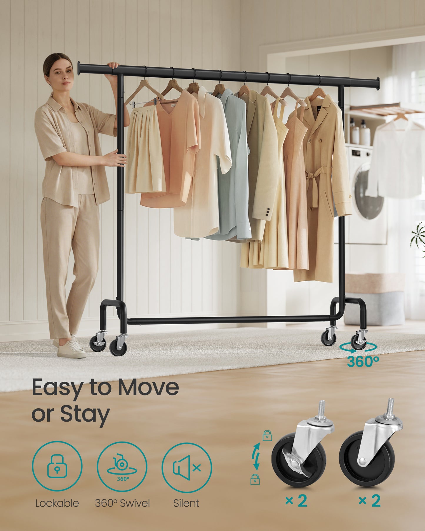 Extendable Hanging Rod Clothes Rack with Wheels Heavy-Duty Garment Rack Freestanding Clothes Rack for Hanging Clothes Black