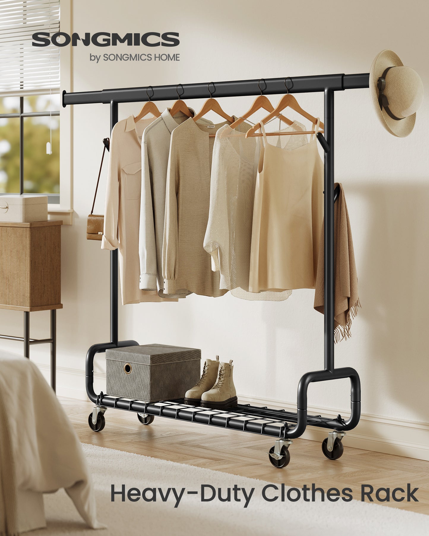 Heavy-Duty Rolling Garment Rack with Extendable Hanging Rod, 440 lb Capacity, Adjustable Height with Shelf and Hooks, Mobile Clothing Organizer, Black