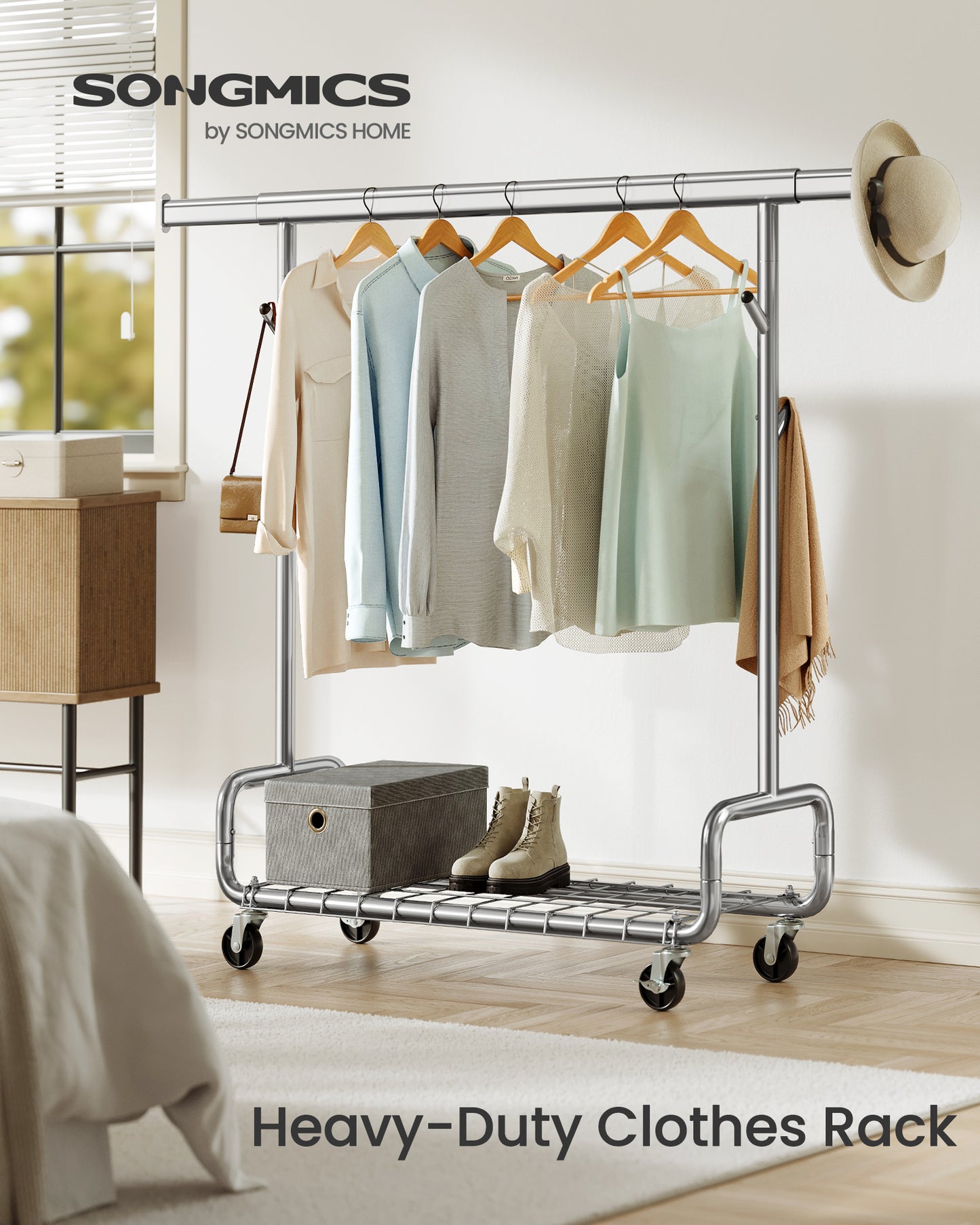 Heavy-Duty Rolling Garment Rack with Extendable Hanging Rod, 440 lb Capacity, Adjustable Height with Shelf and Hooks,Mobile Clothing Organizer, Silver
