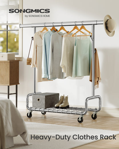 Heavy-Duty Rolling Garment Rack with Extendable Hanging Rod, 440 lb Capacity, Adjustable Height with Shelf and Hooks,Mobile Clothing Organizer, Silver
