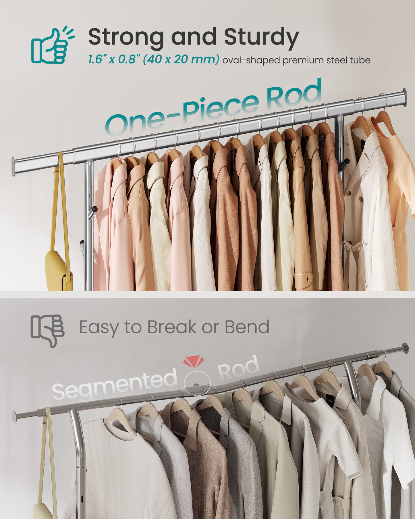 Heavy-Duty Rolling Garment Rack with Extendable Hanging Rod, 440 lb Capacity, Adjustable Height with Shelf and Hooks,Mobile Clothing Organizer, Silver