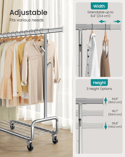 Heavy-Duty Rolling Garment Rack with Extendable Hanging Rod, 440 lb Capacity, Adjustable Height with Shelf and Hooks,Mobile Clothing Organizer, Silver
