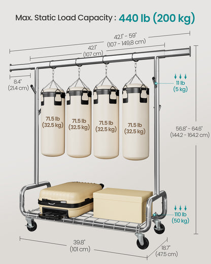 Heavy-Duty Rolling Garment Rack with Extendable Hanging Rod, 440 lb Capacity, Adjustable Height with Shelf and Hooks,Mobile Clothing Organizer, Silver