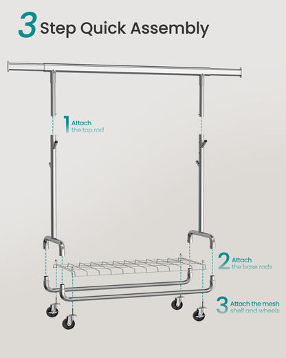 Heavy-Duty Rolling Garment Rack with Extendable Hanging Rod, 440 lb Capacity, Adjustable Height with Shelf and Hooks,Mobile Clothing Organizer, Silver