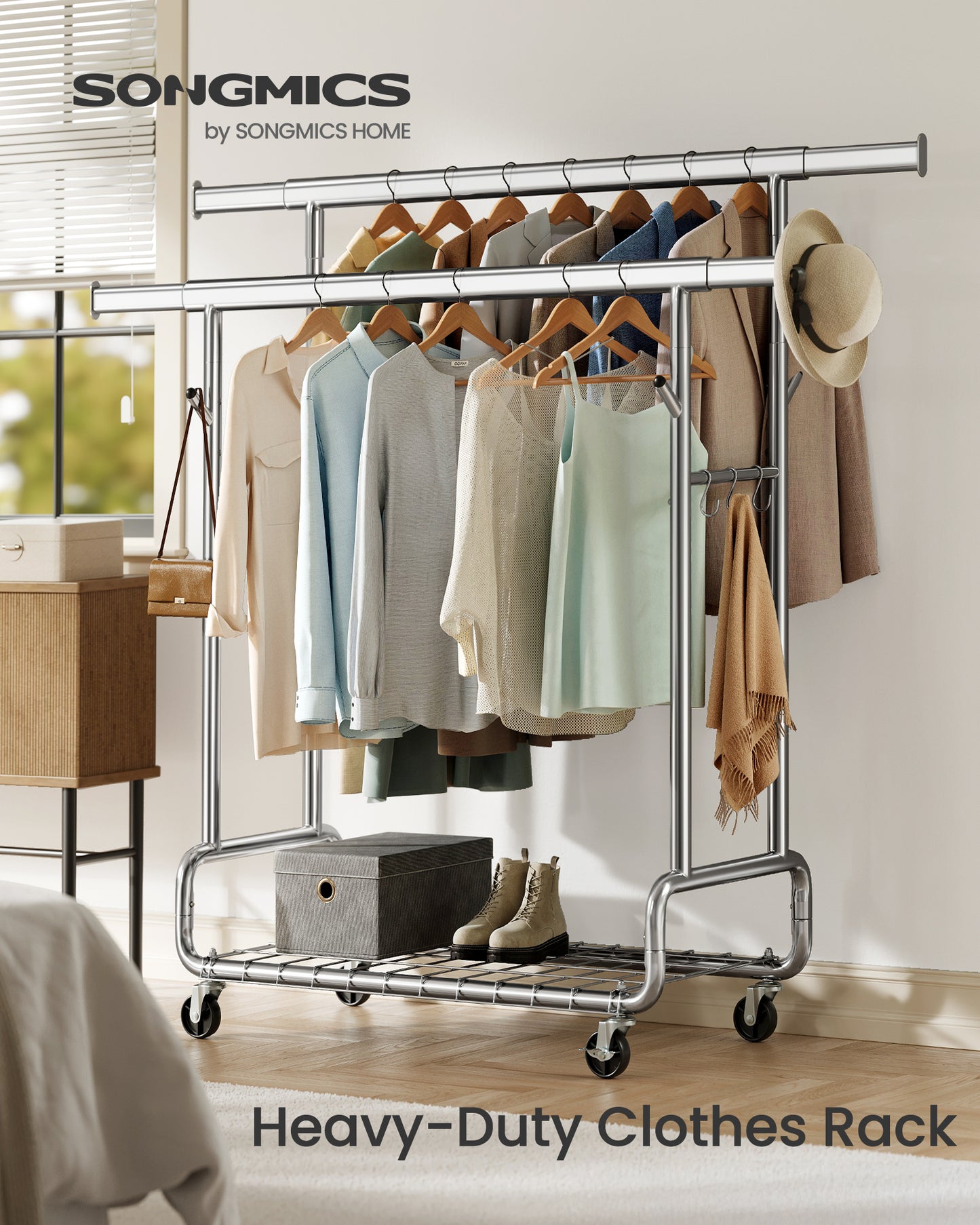 Heavy-Duty Rolling Garment Rack with Extendable Double Hanging Rods, 594 lb Capacity, Adjustable 3-Height with Shelf, Mobile Storage Organizer, Silver