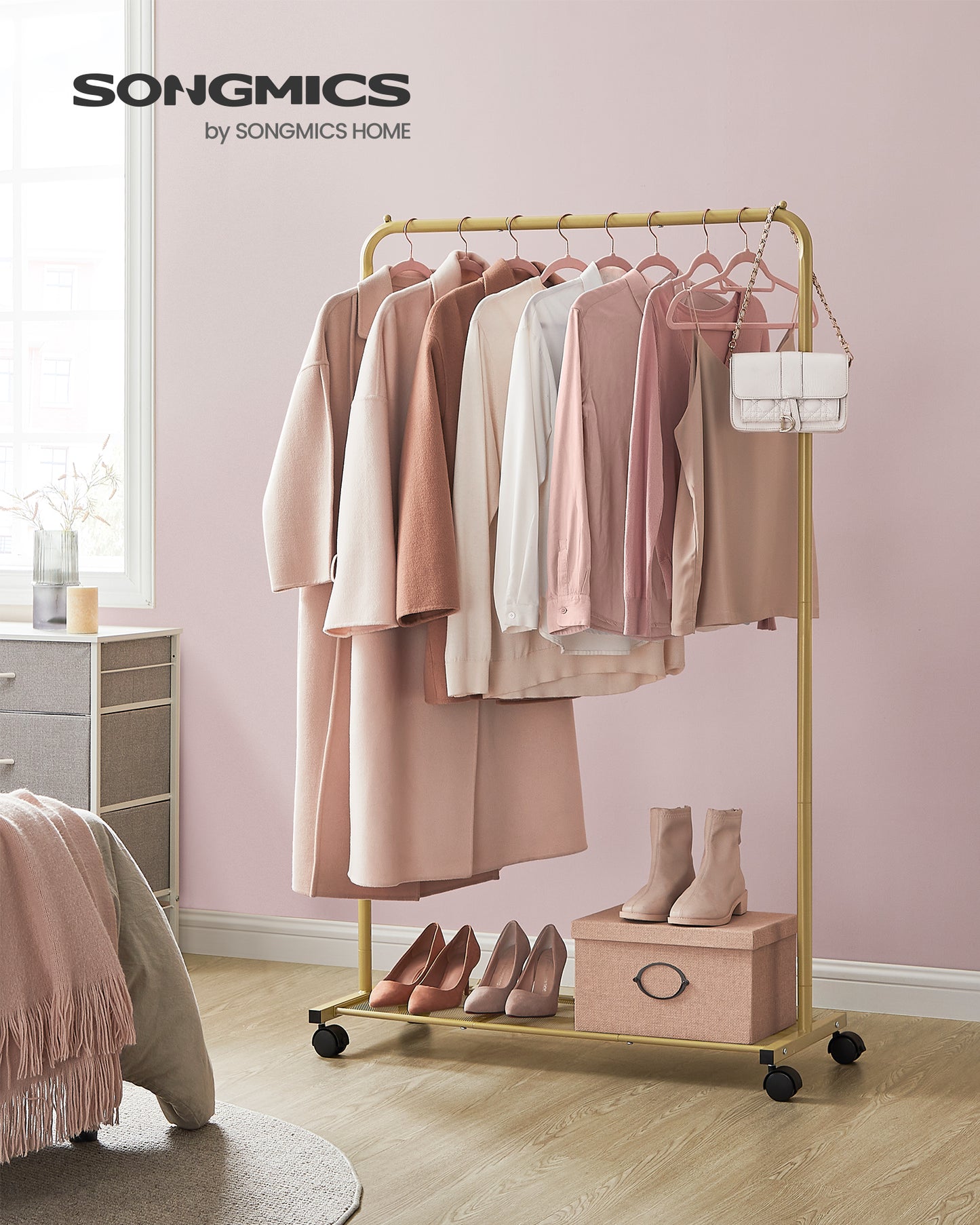Heavy-Duty Clothes Rack with Dense Mesh Storage Shelf, 25.4mm Metal Garment Rack with Wheels and 2 Brakes Freestanding Clothes Rack Gold