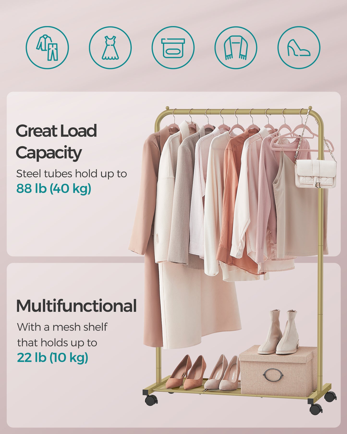 Heavy-Duty Clothes Rack with Dense Mesh Storage Shelf, 25.4mm Metal Garment Rack with Wheels and 2 Brakes Freestanding Clothes Rack Gold