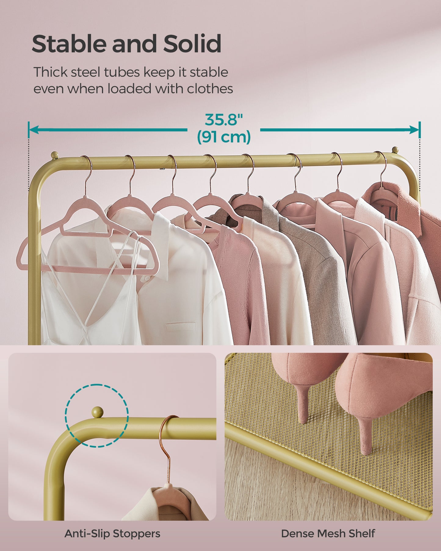 Heavy-Duty Clothes Rack with Dense Mesh Storage Shelf, 25.4mm Metal Garment Rack with Wheels and 2 Brakes Freestanding Clothes Rack Gold