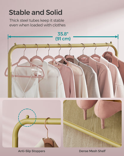 Heavy-Duty Clothes Rack with Dense Mesh Storage Shelf, 25.4mm Metal Garment Rack with Wheels and 2 Brakes Freestanding Clothes Rack Gold