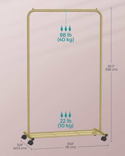 Heavy-Duty Clothes Rack with Dense Mesh Storage Shelf, 25.4mm Metal Garment Rack with Wheels and 2 Brakes Freestanding Clothes Rack Gold