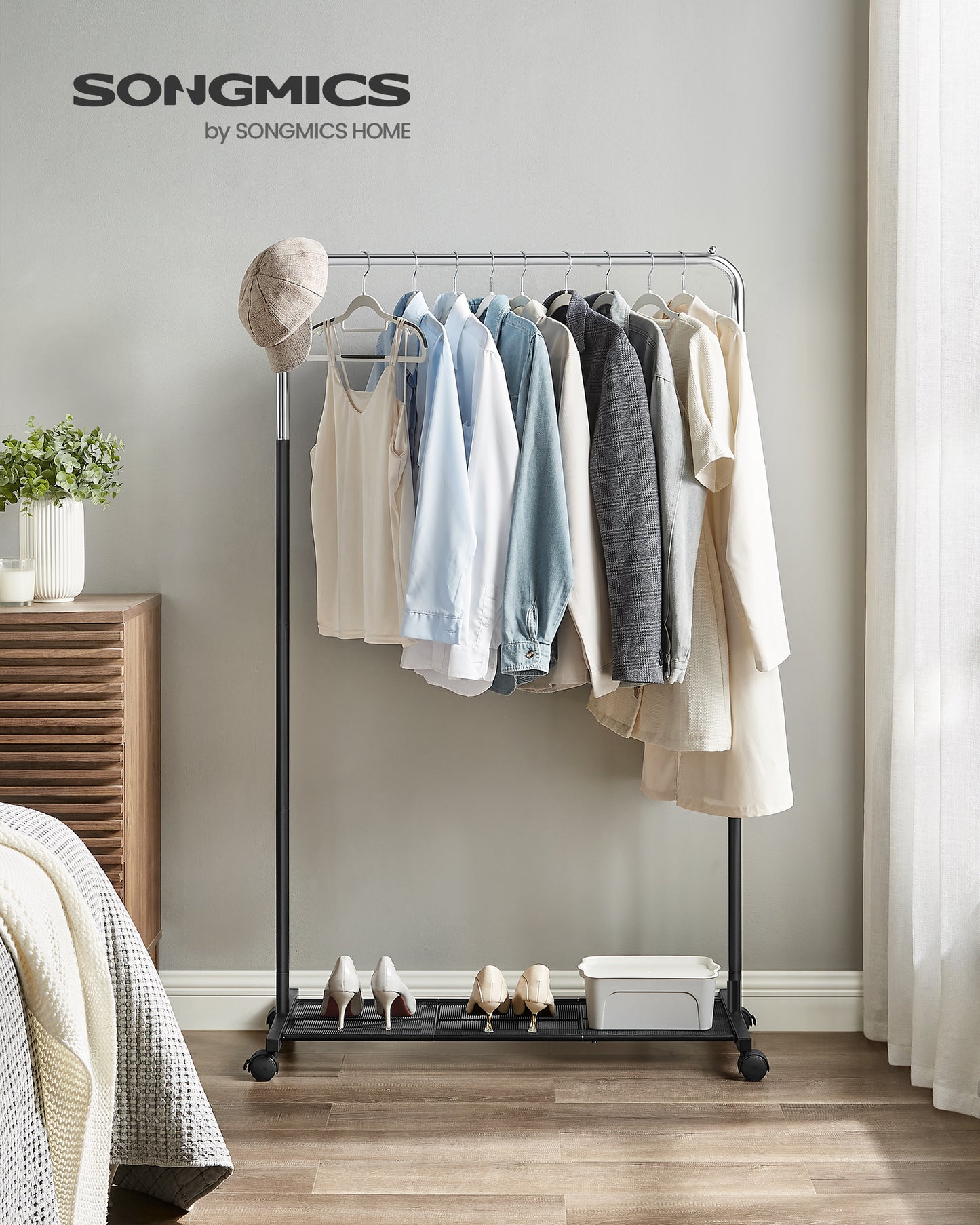Heavy-Duty Clothes Rack with Dense Mesh Storage Shelf, 25.4mm Metal Garment Rack with Wheels and 2 Brakes Freestanding Clothes Rack Sliver