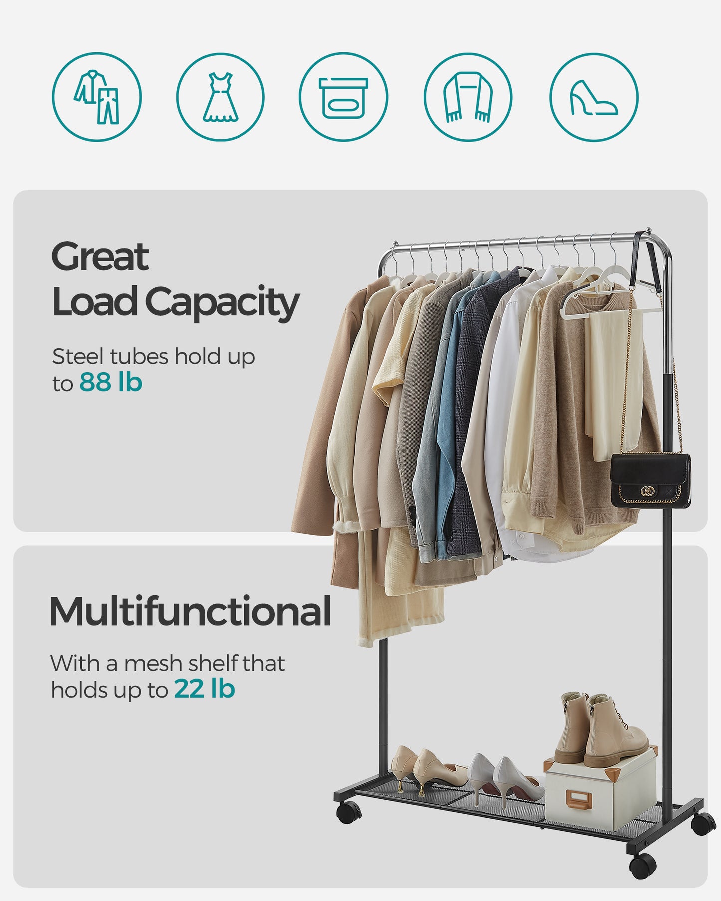 Heavy-Duty Clothes Rack with Dense Mesh Storage Shelf, 25.4mm Metal Garment Rack with Wheels and 2 Brakes Freestanding Clothes Rack Sliver