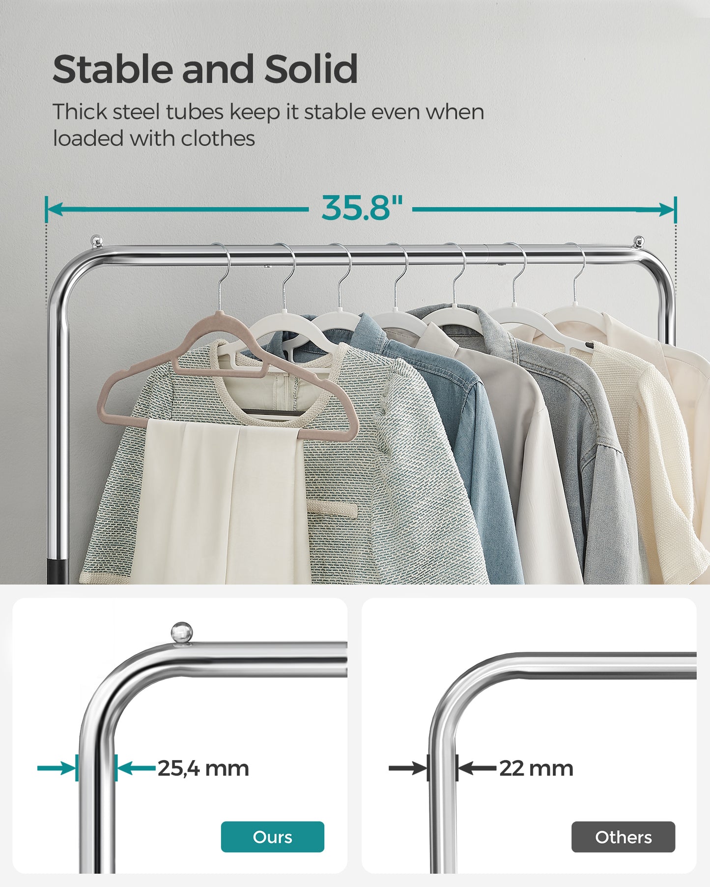 Heavy-Duty Clothes Rack with Dense Mesh Storage Shelf, 25.4mm Metal Garment Rack with Wheels and 2 Brakes Freestanding Clothes Rack Sliver