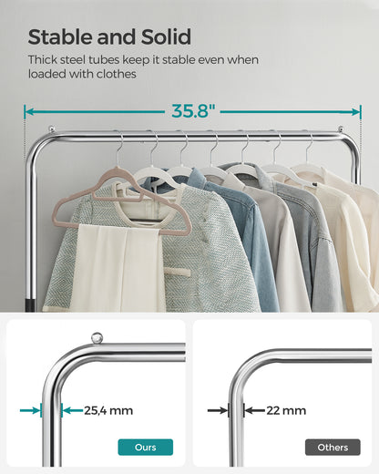 Heavy-Duty Clothes Rack with Dense Mesh Storage Shelf, 25.4mm Metal Garment Rack with Wheels and 2 Brakes Freestanding Clothes Rack Sliver