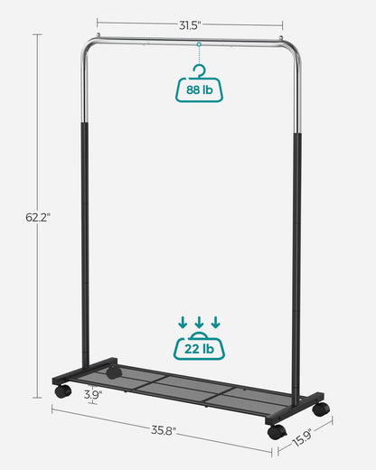 Heavy-Duty Clothes Rack with Dense Mesh Storage Shelf, 25.4mm Metal Garment Rack with Wheels and 2 Brakes Freestanding Clothes Rack Sliver