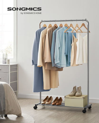 Heavy-Duty Clothes Rack with Dense Mesh Storage Shelf, 25.4mm Metal Garment Rack with Wheels and 2 Brakes Freestanding Clothes Rack Gray