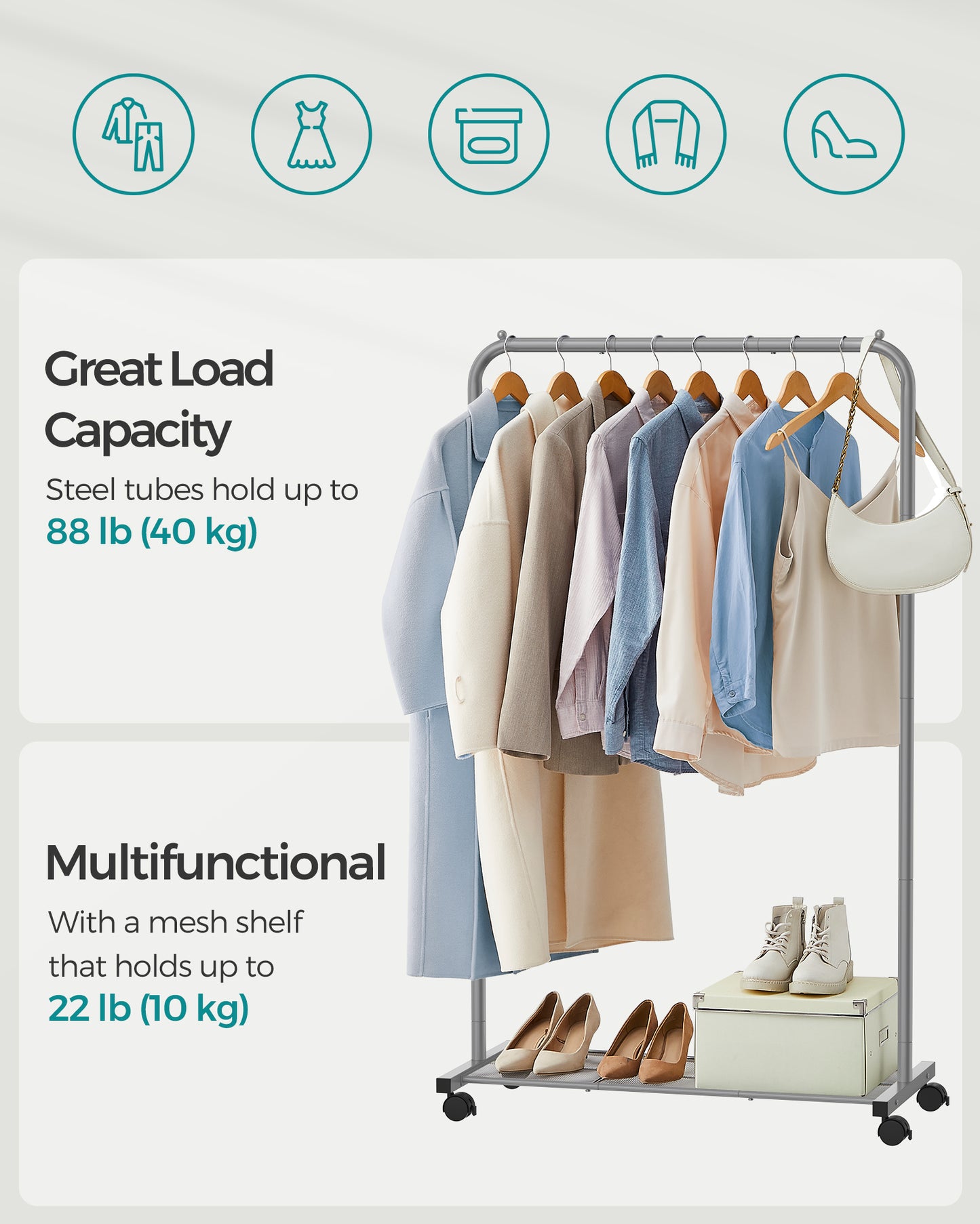 Heavy-Duty Clothes Rack with Dense Mesh Storage Shelf, 25.4mm Metal Garment Rack with Wheels and 2 Brakes Freestanding Clothes Rack Gray