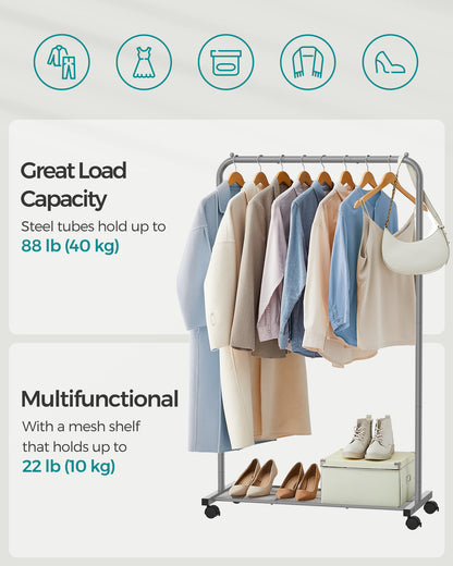 Heavy-Duty Clothes Rack with Dense Mesh Storage Shelf, 25.4mm Metal Garment Rack with Wheels and 2 Brakes Freestanding Clothes Rack Gray