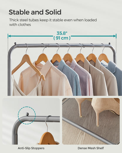 Heavy-Duty Clothes Rack with Dense Mesh Storage Shelf, 25.4mm Metal Garment Rack with Wheels and 2 Brakes Freestanding Clothes Rack Gray