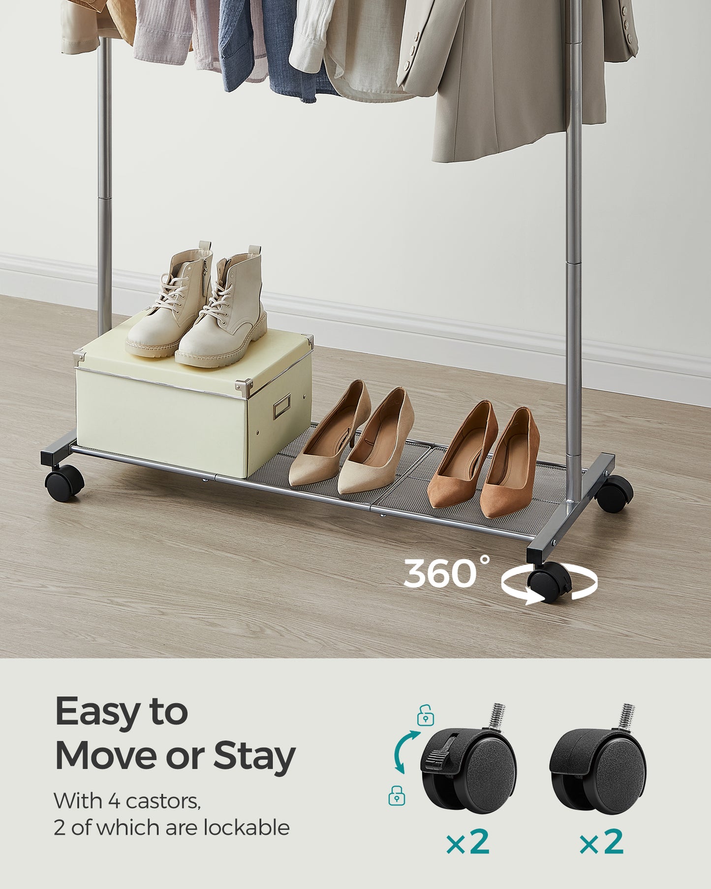 Heavy-Duty Clothes Rack with Dense Mesh Storage Shelf, 25.4mm Metal Garment Rack with Wheels and 2 Brakes Freestanding Clothes Rack Gray