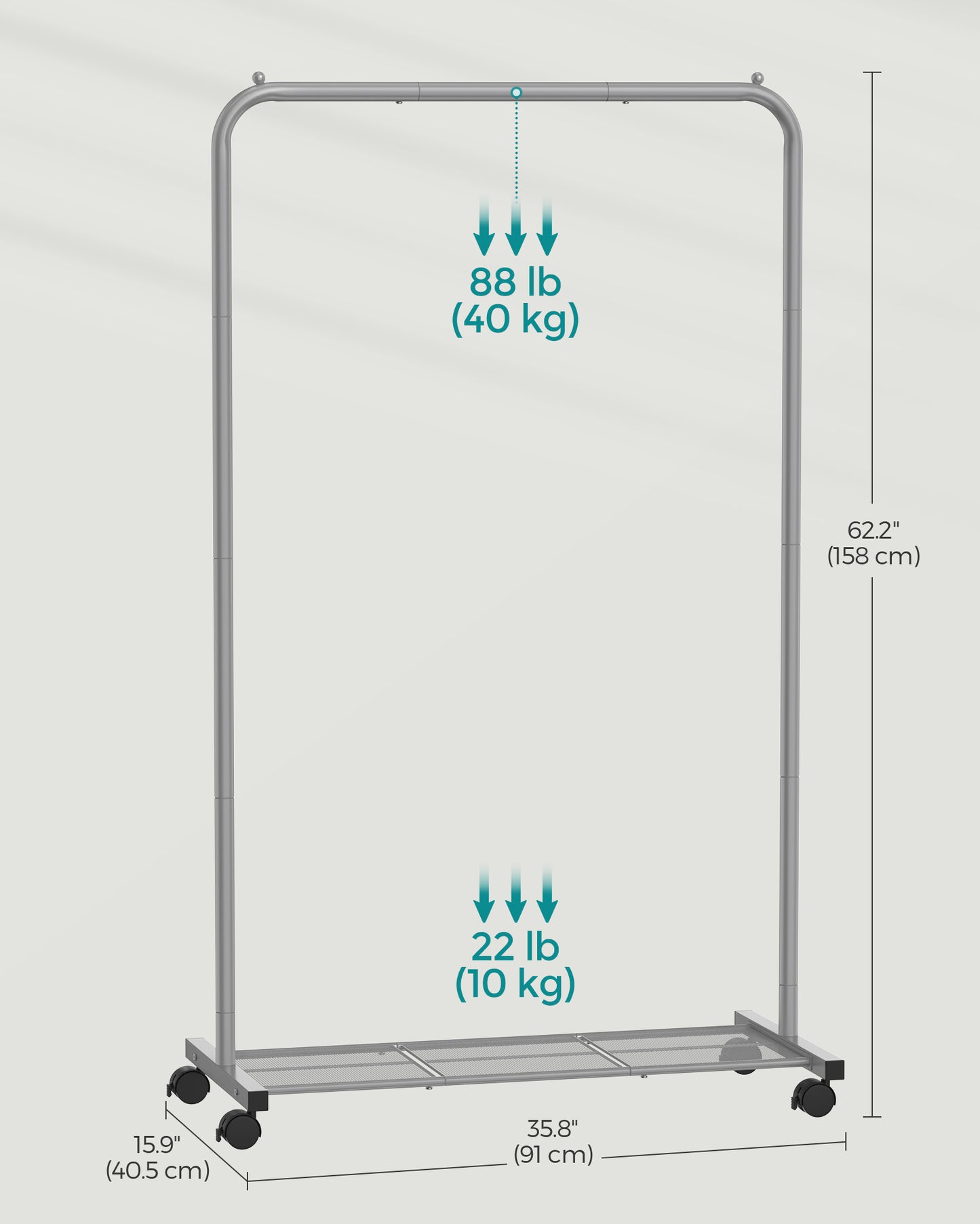 Heavy-Duty Clothes Rack with Dense Mesh Storage Shelf, 25.4mm Metal Garment Rack with Wheels and 2 Brakes Freestanding Clothes Rack Gray
