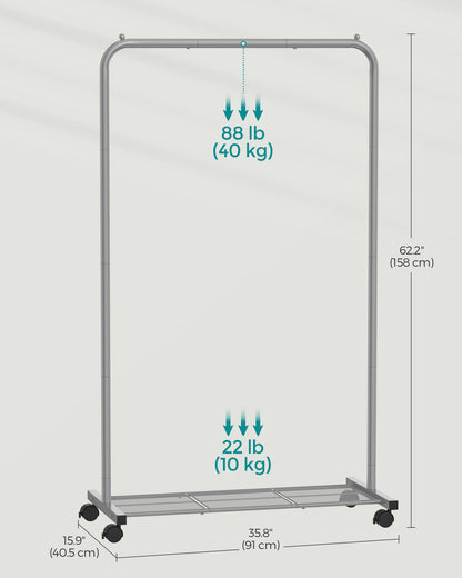 Heavy-Duty Clothes Rack with Dense Mesh Storage Shelf, 25.4mm Metal Garment Rack with Wheels and 2 Brakes Freestanding Clothes Rack Gray