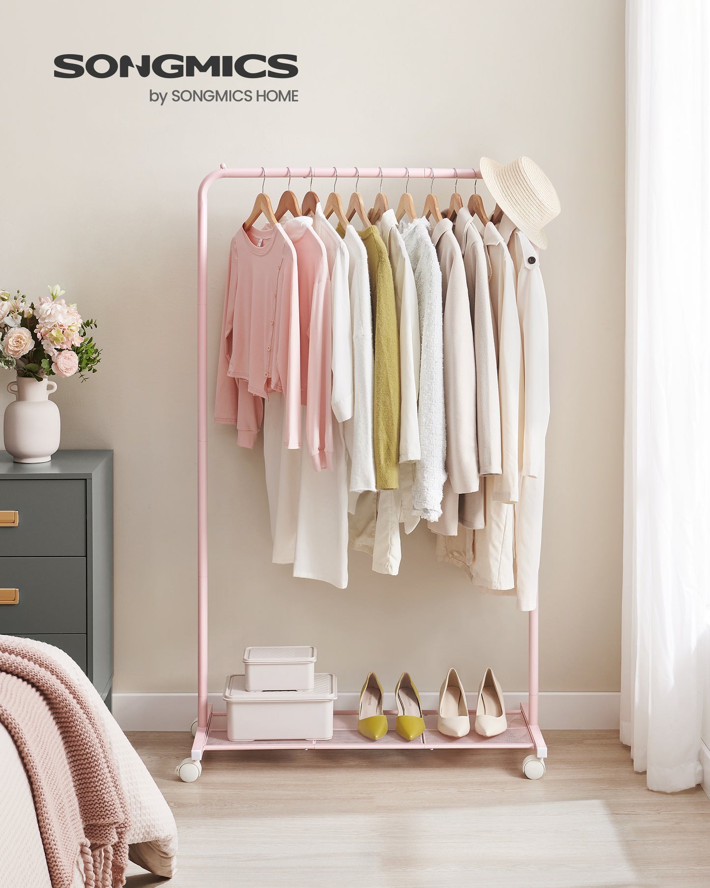 Heavy-Duty Clothes Rack with Dense Mesh Storage Shelf, 25.4mm Metal Garment Rack with Wheels and 2 Brakes Freestanding Clothes Rack Pink