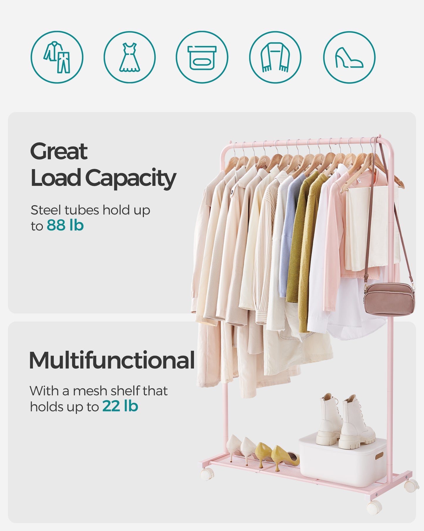 Heavy-Duty Clothes Rack with Dense Mesh Storage Shelf, 25.4mm Metal Garment Rack with Wheels and 2 Brakes Freestanding Clothes Rack Pink