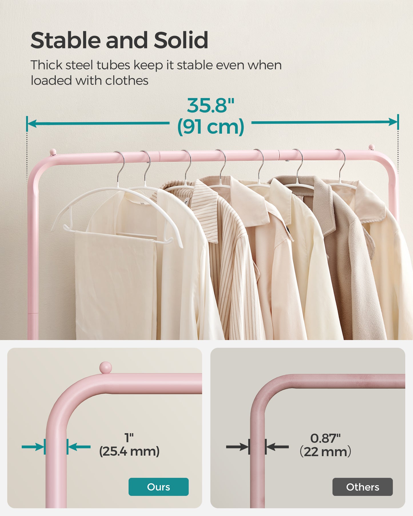 Heavy-Duty Clothes Rack with Dense Mesh Storage Shelf, 25.4mm Metal Garment Rack with Wheels and 2 Brakes Freestanding Clothes Rack Pink