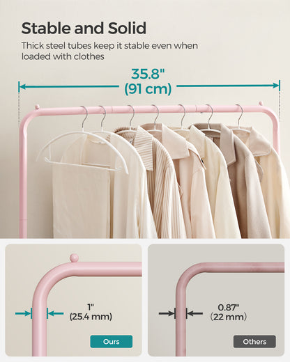Heavy-Duty Clothes Rack with Dense Mesh Storage Shelf, 25.4mm Metal Garment Rack with Wheels and 2 Brakes Freestanding Clothes Rack Pink