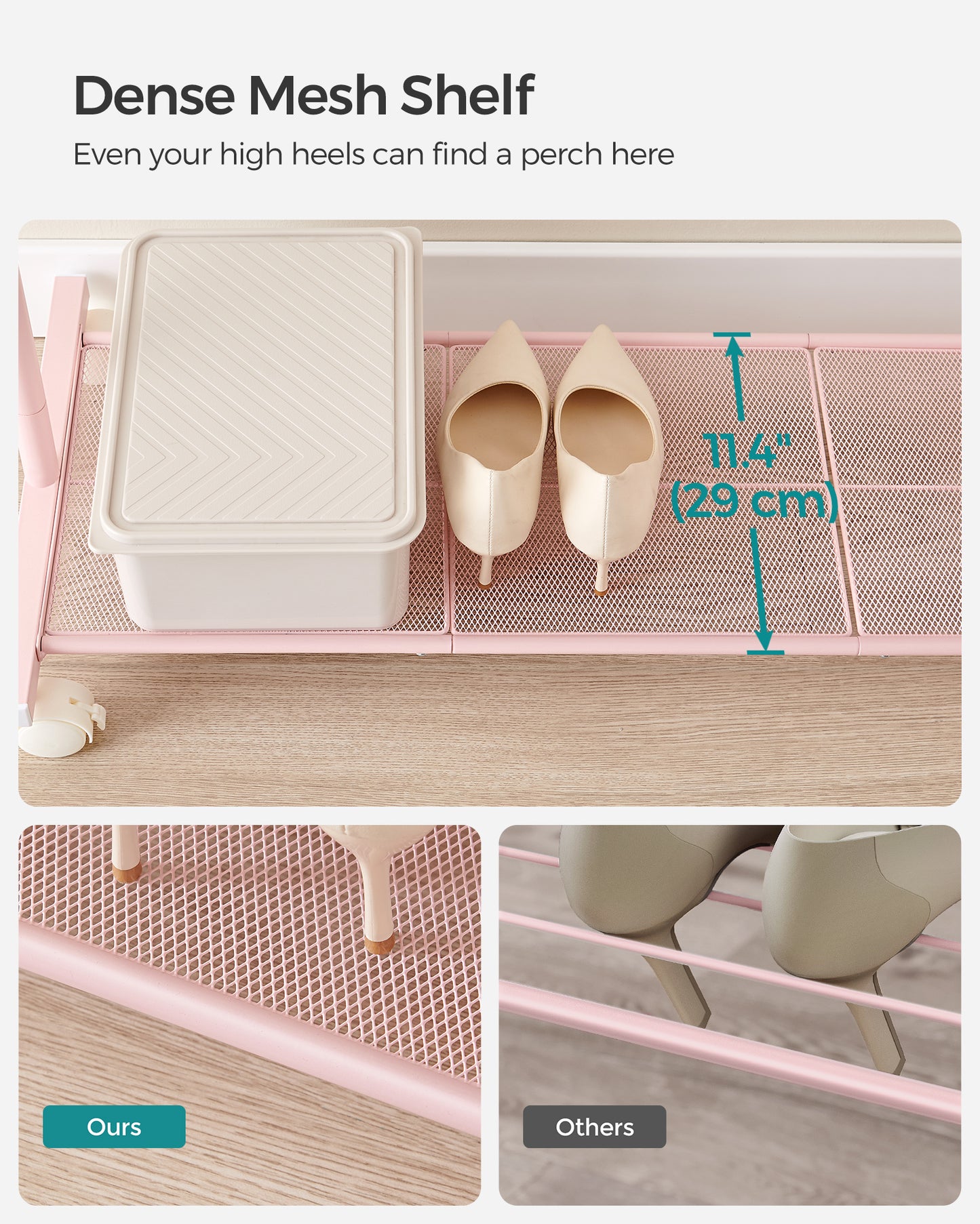 Heavy-Duty Clothes Rack with Dense Mesh Storage Shelf, 25.4mm Metal Garment Rack with Wheels and 2 Brakes Freestanding Clothes Rack Pink