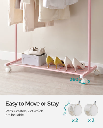 Heavy-Duty Clothes Rack with Dense Mesh Storage Shelf, 25.4mm Metal Garment Rack with Wheels and 2 Brakes Freestanding Clothes Rack Pink