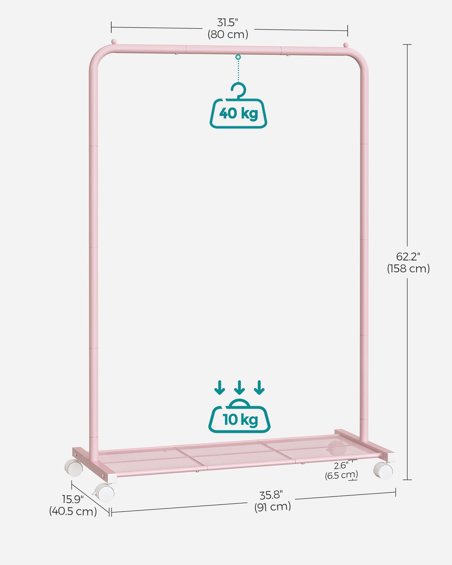 Heavy-Duty Clothes Rack with Dense Mesh Storage Shelf, 25.4mm Metal Garment Rack with Wheels and 2 Brakes Freestanding Clothes Rack Pink