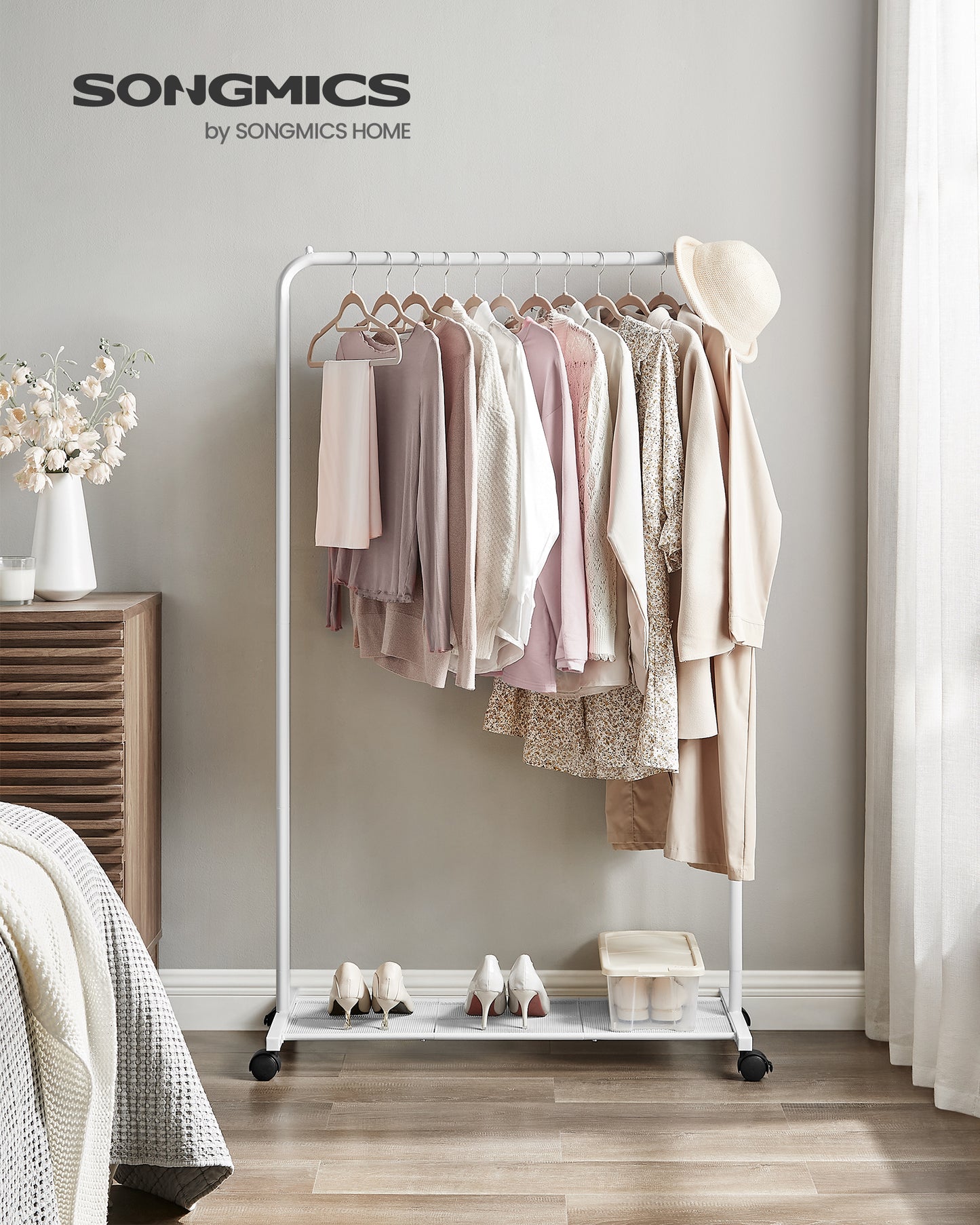 110 lb Load Capacity Clothes Rack with Wheels Garment Rack with Storage Shelf Clothing Rack for Bedroom 2 Brakes Steel Frame White