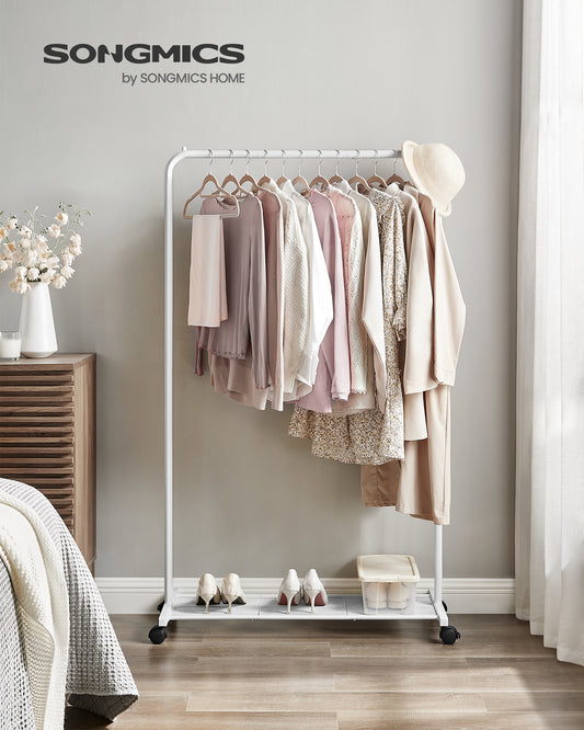 110 lb Load Capacity Clothes Rack with Wheels Garment Rack with Storage Shelf Clothing Rack for Bedroom 2 Brakes Steel Frame White