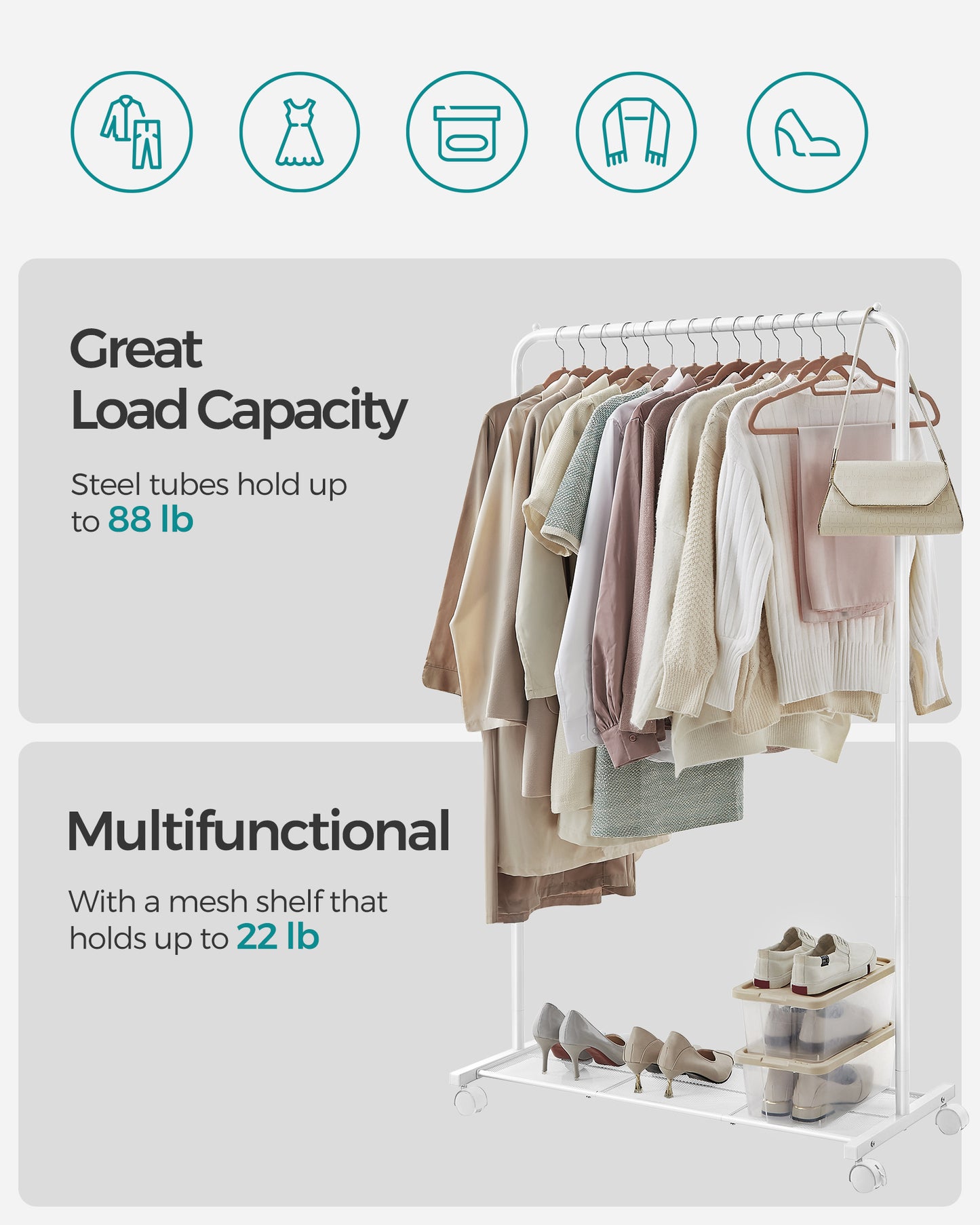 SONGMICS 110 lb Load Capacity Clothes Rack with Wheels Garment Rack with Storage Shelf Clothing Rack for Bedroom 2 Brakes Steel Frame White